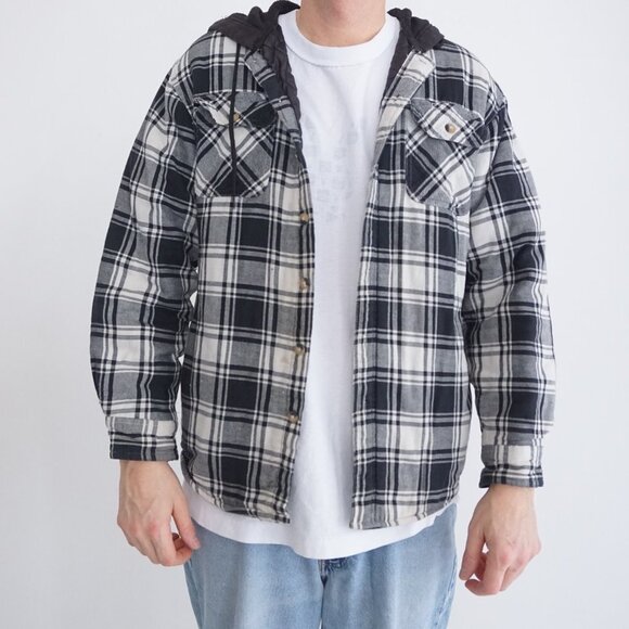 Vintage Wrangler White Black Plaid Quilt Lined Hooded Cotton Button Up Shacket S - Picture 1 of 11